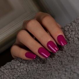 KQueenest Berry Purple Press On Nails Medium Square - Acrylic Press On Nails with Glue, Dark Plum Coffin Short Fake Nails Press ons, Glossy Opaque, Reusable Soft Gel Glue on Nails for Women, 28 Pcs