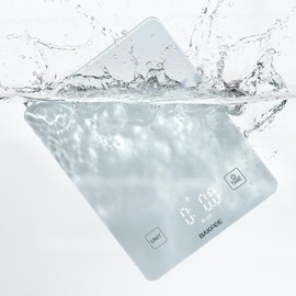 BAKFEE IP67 Waterproof Kitchen Scale with Glass Surface, 22lb Food Scale 1g/0.1oz Precision, USB Rechargeable, LED Display, Grams and Ounces, for Baking, Cooking, Making Sourdough Bread. White