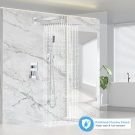 FPXRNG Shower Faucet Set Bathroom Square Rain Shower Head and Handle Set, Wall Mounted Shower Fixtures, Full Metal Trim Repair Kit 12 inch Polished Chrome (With Shower Valve)