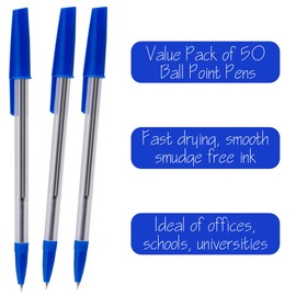 Essential Arts Blue Ink Ballpoint Pens Pack of 50 Medium Point Ball Biro Pen with Comfort Grip - Office, School and Business Supplies