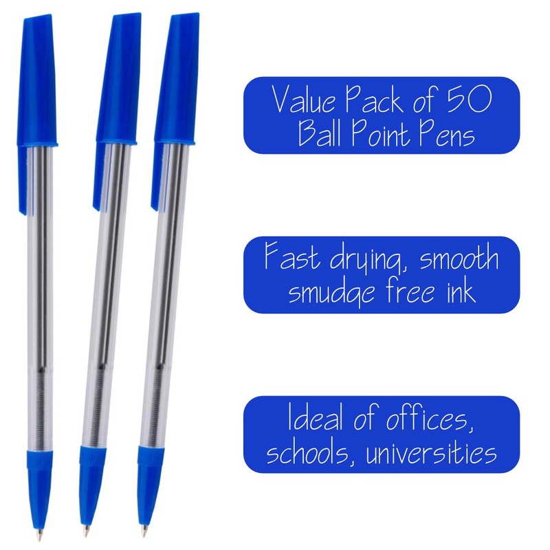 Essential Arts Blue Ink Ballpoint Pens Pack of 50 Medium