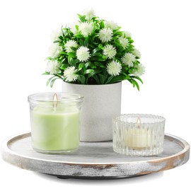 9 Inch Wood Lazy Susan Turntable Organizer for Cabinet - Round Wooden Lazy Susan Organization and Storage for Pantry Table Kitchen Countertop Cupboard Coffee Bar Farmhouse Decor - White Washed Wood