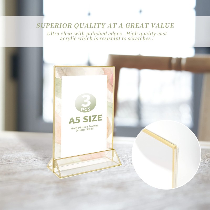 WeeGoo 3 Pack A5 Acrylic Sign Holder with Gold Borders,