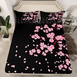 Sábana bajera de flores de cerezo rosado, tamaño Queen, bonitas sábanas florales, sábanas románticas de flores japonesas, pétalos de granja, primavera, rústico, decoración de habitación, juego de cama