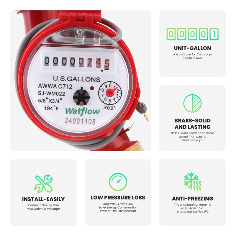 Watflow DN20 Water Meter 3/4" NPT, Gallon Water Flow Meter