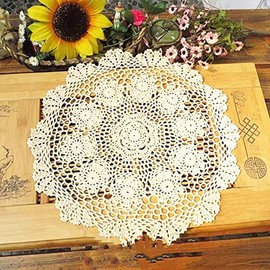 Polkar Crochet Cotton Placemats Doilies Handmade Table Doilies Suitable for Daily use, Dinner Party, Wedding. (Beige- 2pc-16 Inch-B2)