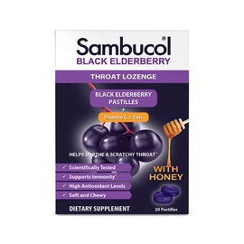 Sambucol Black Elderberry Throat Lozenge - with Honey, Vitamin C & Zinc, Elderberry Lozenges Sore Throat & Cough, Soothes Scratchy Throat, Supports Immunity, Soft & Chewy - 20 Count