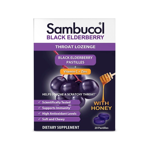 Sambucol Black Elderberry Throat Lozenge - with Honey, Vitamin C & Zinc, Elderberry Lozenges Sore Throat & Cough, Soothes Scratchy Throat, Supports Immunity, Soft & Chewy - 20 Count