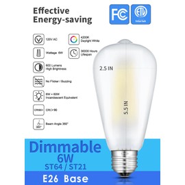 CRLight 6W Dimmable (60W Equivalent) 4200K Daylight White LED Edison Bulbs, 600 LM E26 ST64 Frosted Glass Filament Light Bulb, 6 Pack