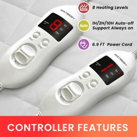 Heated Mattress Pad Queen Size, Electric Mattress Pad Cover w/Dual Control 8 Heating Settings, Bed Warmer w/ 4 Auto Shut Off Settings, UL Certified, Deep Pocket, Machine Washable, White