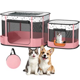 BUFOR Portable Cat Playpen with litter box area, Foldable Pet Dog Playpen, for Kitten Puppy Play Pen Indoor/Outdoor, Cats Enclosure Cages Tent with Carrying Case, 600D Oxford 8-Rods, 32"x24"x22", Pink