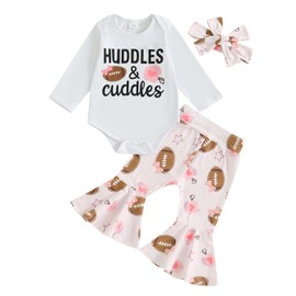 KMBANGI Newborn Baby Girl Football Outfit Huddles Cuddles Romper Shirts Rugby Bows Bell Bottoms 3Pcs Game Day Clothes Fall (Pink, 0-3 Months)