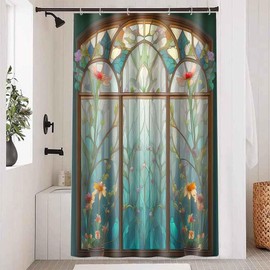 PAEOT Boho Plant Floral Shower Curtain Church Style Stained Glass Bathroom Curtains 48"x72" Fabric Washable Bathroom Curtains with 8 Hooks YLDWPA635