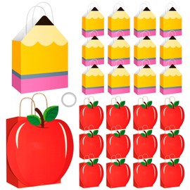 24 Set Back to School Gift Bags with Handles Bulk Includes Pencil Shaped Paper Bags Apple Shaped Back to School Kraft paper Gift Bag First Day of School Gift Bags with Handle for Classroom Prizes