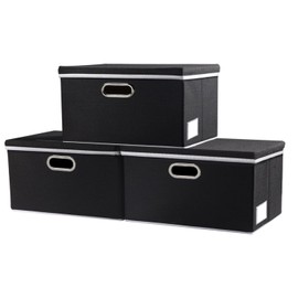 PRANDOM Small Storage Boxes with Lids [3-Pack] Fabric Collapsible Storage Bins Organizer Containers Baskets Cube with Cover for Home Bedroom Closet Office Nursery Black（11.4X8.6X6.7