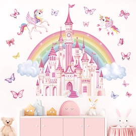 wondever Rainbow Castle Wall Stickers Fairy Tale Unicorn Butterfly Peel and Stick Wall Art Decals for Baby Nursery Girls Bedroom Toddler Room