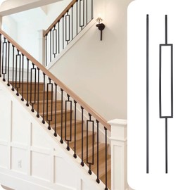 12Pack Wrought Iron Balusters 44 Inches Deck Balusters Combine 1/2" Square Plain Bar Balusters with Single Rectangle Metal Balusters Hollow Satin Black, GRMIKBU GB04