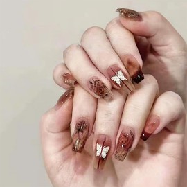 Viwind Medium Coffin Press on Nails,Butterfly Ballerina Fake Nails Kits with Glue,Natural Reusable Flower Stick On Nails in 12 Sizes-24 Acrylic Artificial Nails for Women-Brown Rose