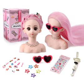 Anstar Hair Styling Doll Head for Girls Styling Head for Kids Mannequin Head with Pink Hair Doll Head for Hair Styling Braiding Cosmetology Manikin Head with Clamp Holder and Tools