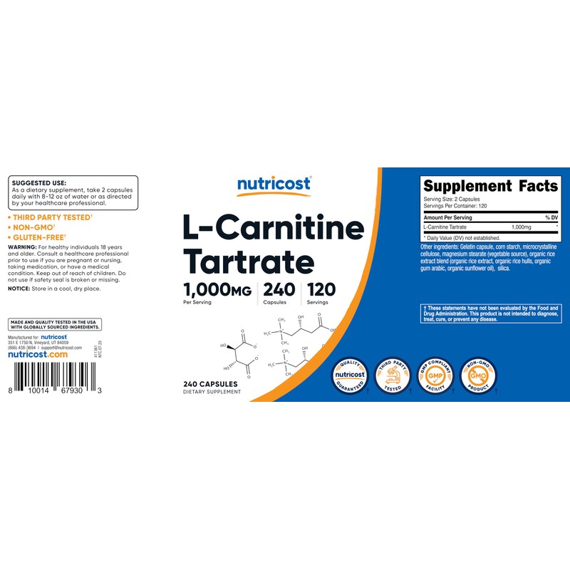 Nutricost L-Carnitine Tartrate 500mg, 240 Capsules - 1000mg Per Serving