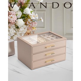 Vlando 3 Layer Jewelry Box for Women, Glass Lid Jewelry Organizer with 4 Drawers for Necklaces Rings Earrings Bracelets - Toffee