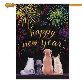 Louise Maelys Happy New Year Garden Flag 28x40 Double Sided Vertical, Burlap Large Fireworks Cat Dog New Year Eve Yard Flag Sign Welcome Holiday Winter House Outdoor Outside Decorations (ONLY FLAG)