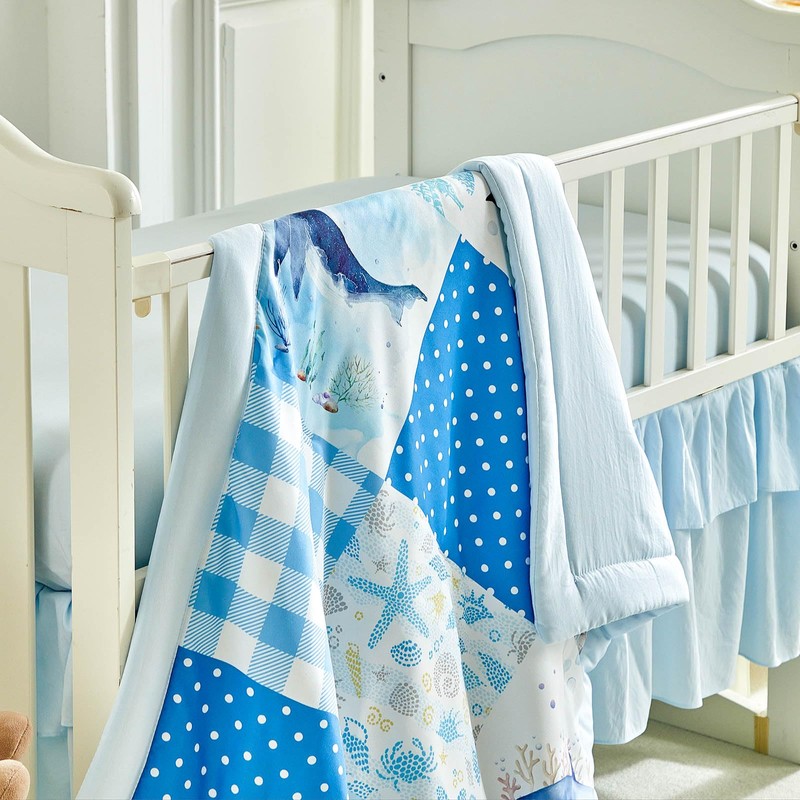 Patchwork Crib Bedding Set Blue Ocean Plaid Design 3 Pieces