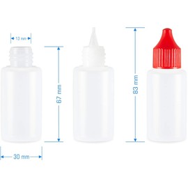 Set of 6 30 ml soft round empty LDPE bottles with dropper insert + funnel + labels (red seal)