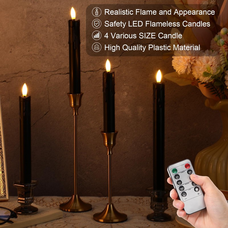 Retisee 12 Pcs Flameless Taper Candles with Timer Remote, Black