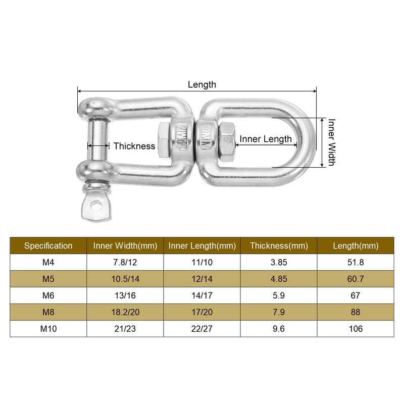 sourcing map Heavy Duty M10 Double Swivel Eye Hook, 304