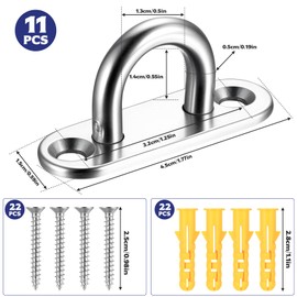 runxsam 11 Pcs Stainless Steel Pad Eye Plate Hooks, 1.8 inch M5 Heavy Duty Eye Pads Hardware Staple Hook Loop Ceiling Hooks with 22 Screws & 22 Wall Plugs for Hanging Items
