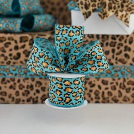 Craig Bachman 2.5" Metallic Leopard Print Ribbon: 10 Yards (Light Teal) Craft Floral Arrangement Gift Wrapping Wired Edge Ribbon