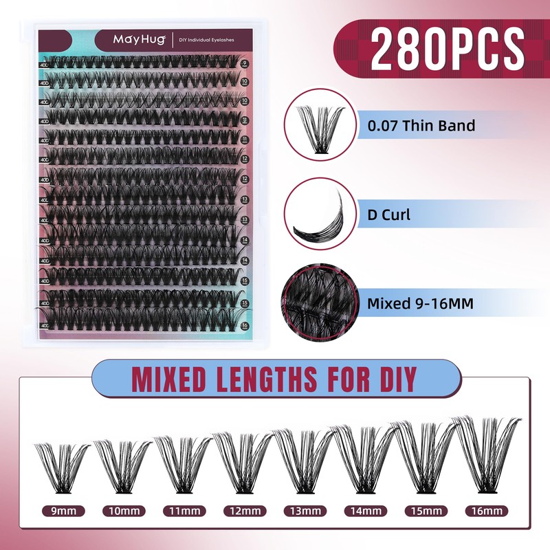 Mayhug Eyelash Extensions Set, 40D Lash Extension Set, 9-16 mm