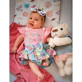 WIQI Baby Girl Easter Outfit Pink Short Sleeve Bunny Pattern Onesie+ 2pcs Rabbit Hair Clip First Easter newborn Girl Outfit