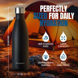 Auryu Best in Class Triple-Walled Insulated Stainless Steel Water Bottle, Keeps your Drinks Cold for up to 24 Hours and Hot for up to 12 Hours, Leak Proof, Make a Difference in the World, Black, 17oz