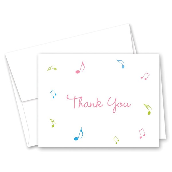 50 Music Notes Thank You Cards (Pink Green Blue)