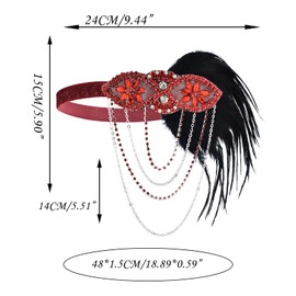 VENOFEN 1920s Feather Flapper Headpiece Gatsby Style Headband Classic Vintage Red Rhinestone Headdress Roaring 20s Hair Accessories for Women and Girls