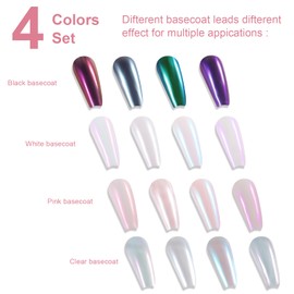 Allstarry Chrome Nail Powder Kit, 4x7ml Black White Gel Polish Top and Base Coat Set, 4 Colors Iridescent Aurora Powder Metallic Mirror Effect Mermaid Pigment Glitter Dust for Nail Art Home DIY Salon