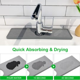 Gosmol Faucet mat for Kitchen Sink, Silicone & Stone Drying Mat for Kitchen Sink, Water Absorbing Stone Tray for Sink, Prevents Moisture Buildup - Sink Splash Guard for Bathroom Counter - Grey
