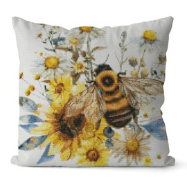 Huacan Kreuzstich Kissen Set Vorgedruckt Biene Kissenbezug DIY Gebastelt Sonnenblumen Stickset ohne Kissenkern für Anfänger Erwachsene 45x45cm