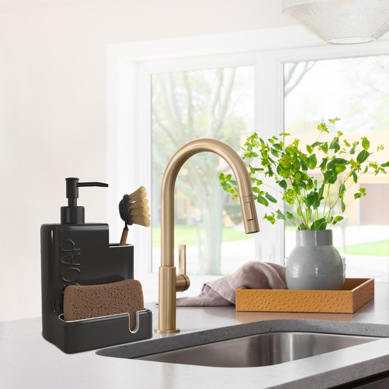 Karisky Soap Dispenser with Sponge Holder and Brush Holder, Ceramic