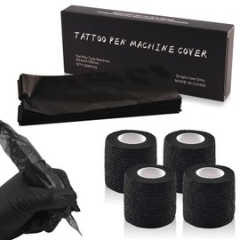 Machine Pen Covers Grip Tape 204Pcs - Combofix 200Pcs Machine Covers and 4Pcs Tattoo Grip Wrap Black Tattoo Pen Bags Combination Grip Self-Adherent Tape Pen Sleeves Tattoo Supplies
