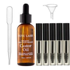Organic Castor Oil 100% Cold Pressed Pure Natural Oil Ricinus Communis Cruelty Free Vegan Lashes Brows Hair Nails Growth Strength Conditioner (50ml Castor Oil & 5 Empty Black Bottles)