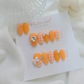 Orange Lovely Hound Check Handmade Nail Tips - Short Ballet / 오렌지 러블리 하운드체크 수제네일팁 - 숏발레