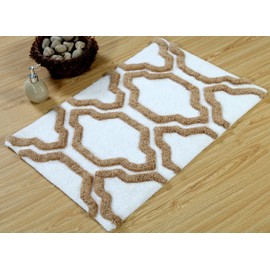 Saffron Fabs Bath Rug 100% Soft Cotton, Size 36x24 Inch, Latex Spray Non-Skid Backing, Ivory/Beige Color, Geometric Pattern, Hand Tufted, Heavy 190 GSF Weight, Machine Washable, Rectangular Shape