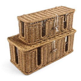 Cable Management Box, 2Pcs Handwoven Imitation Rattan Cord Hider Organizer Box with Lid, 4 Open Slots Cable Organizer Box for Tv Computer USB Hub to Hide Power Strips & Cords (L/M)