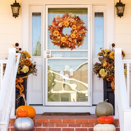 Sggvecsy Fall Wreath 21’’Artificial Autumn Front Door Wreath with Orange Pumpkins Maple Leaves Lantern Fruit Cape Gooseberries for Outside Indoor Wall Window Festival Thanksgiving Harvest Fall Decor