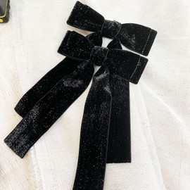 Jseng 2PCS Bling Velvet Bow Hair Clips, Black Ribbon Bow Hair Clips for Women, Ponytail Holder Accessories Metal Clips Hair Bow for women Girls Teens