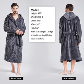 FashGudim Mens Hooded Robe Plush Shawl Collar Kimono Bathrobe Soft Warm Flannel Fleece Spa Robes House Coat Pajamas Calf Length with Pockets (Grey,4XL)