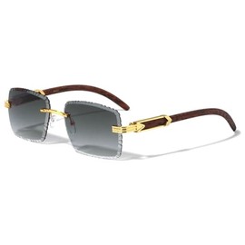 Dweebzilla Classic Aviator Metal & Faux Wood Buffs Dark Lens Sunglasses - Rimless Sunglasses Frames (Gold & Brown Wood Frame - Black Gradient Lenses)